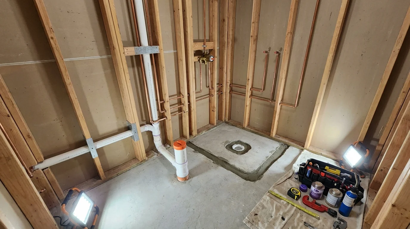 Bathroom rough-in plumbing during remodel by Johns Plumbing LLC in Carnegie