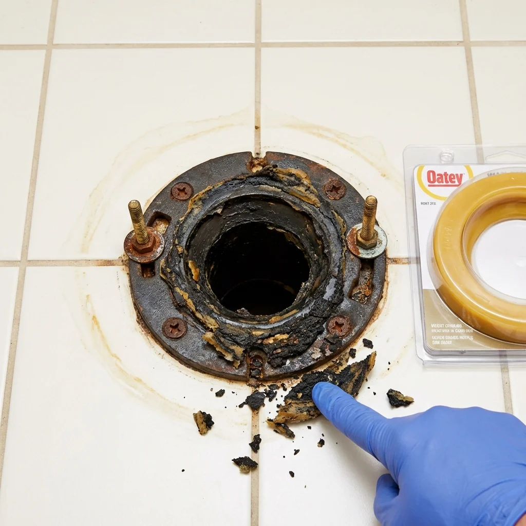 Failed wax ring showing water seepage at the base of a toilet in a Carnegie, OK home